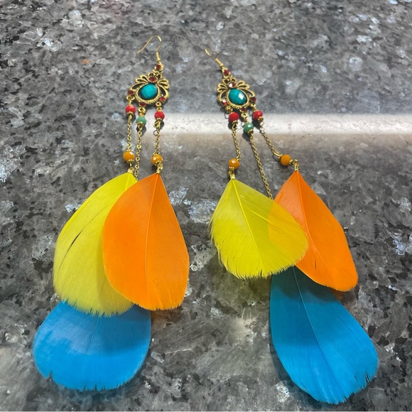 2/$25 or 3/$35 NWOT Colorful jeweled and feathered long drop earrings - Picture 5 of 5